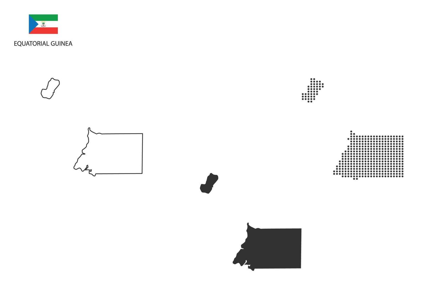 3 versions of Equatorial Guinea map city vector by thin black outline simplicity style, Black dot style and Dark shadow style. All in the white background.
