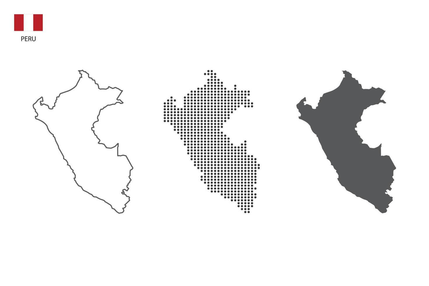 3 versiones del vector de la ciudad del mapa de Perú por estilo de simplicidad de contorno negro delgado, estilo de punto negro y estilo de sombra oscura. todo en el fondo blanco.