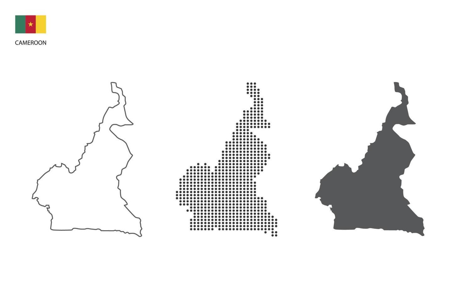 3 versiones del vector de la ciudad del mapa de camerún por estilo de simplicidad de contorno negro delgado, estilo de punto negro y estilo de sombra oscura. todo en el fondo blanco.