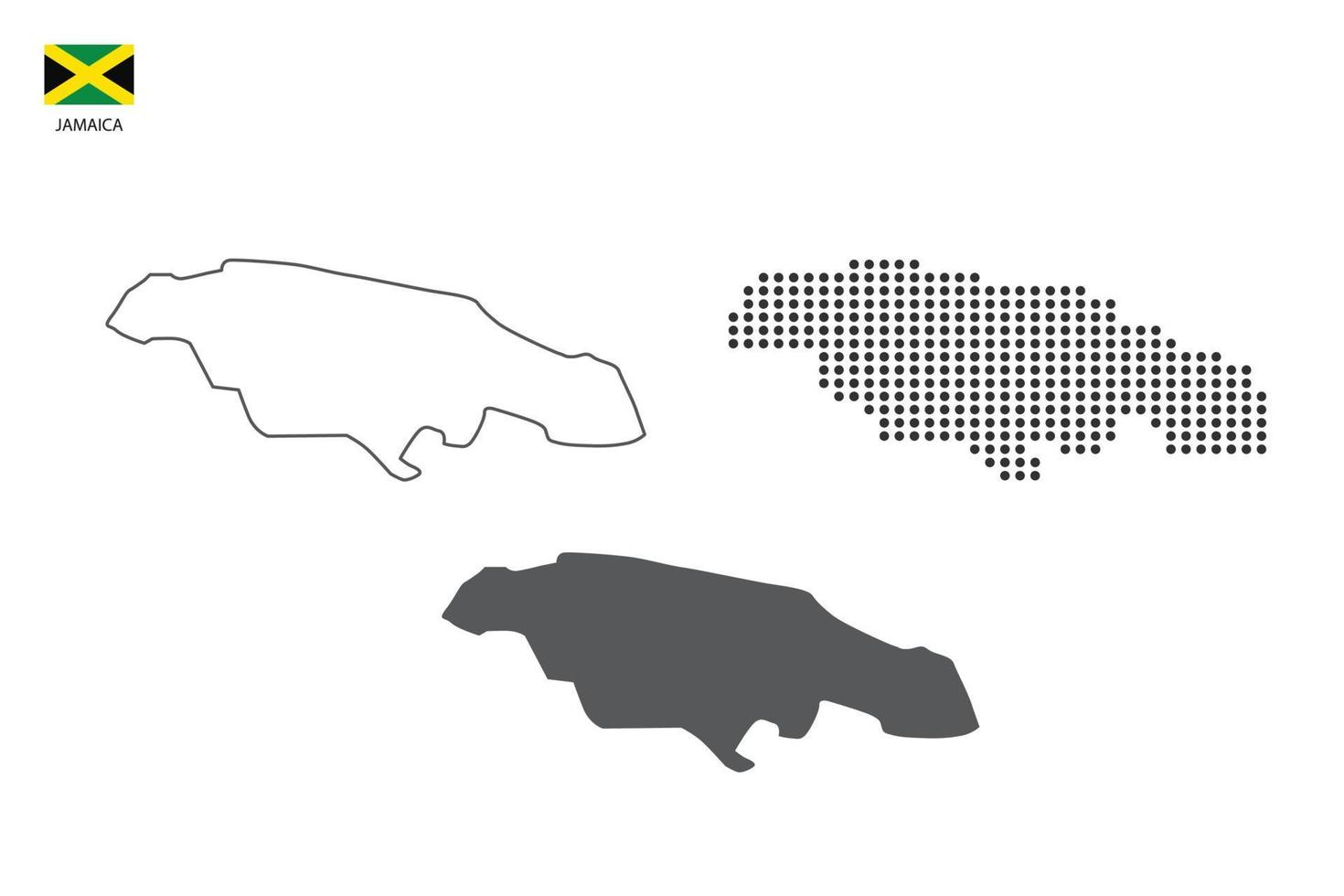 3 versiones del vector de la ciudad del mapa de jamaica por estilo de simplicidad de contorno negro delgado, estilo de punto negro y estilo de sombra oscura. todo en el fondo blanco.