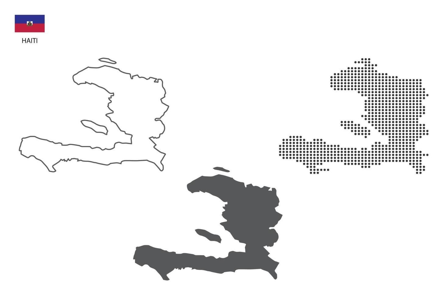 3 versiones del vector de la ciudad del mapa de Haití por estilo de simplicidad de contorno negro delgado, estilo de punto negro y estilo de sombra oscura. todo en el fondo blanco.