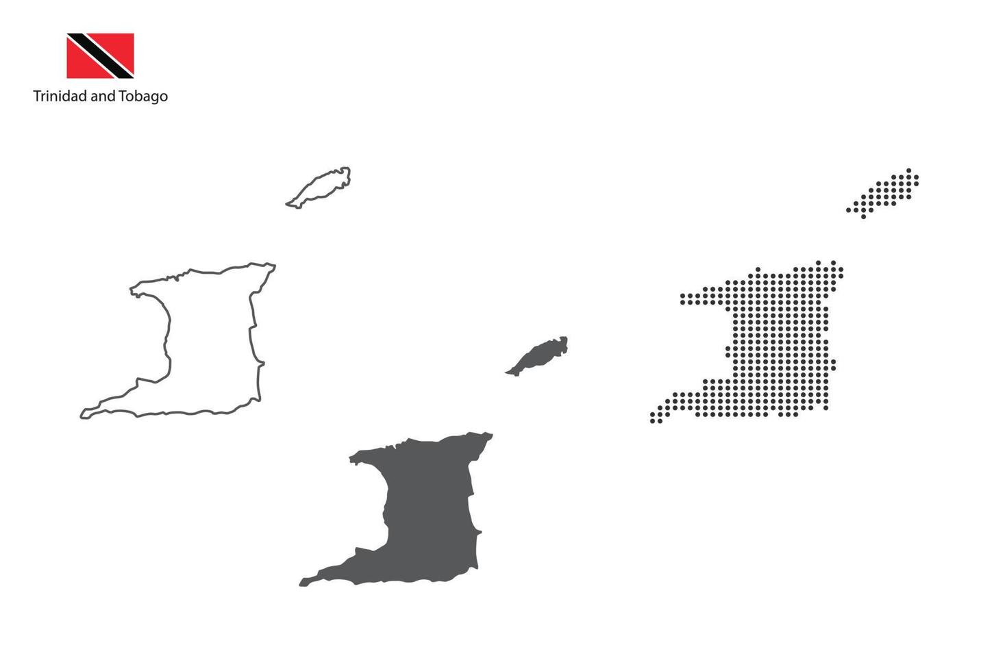 3 versiones del vector de la ciudad del mapa de trinidad y tobago por estilo de simplicidad de contorno negro delgado, estilo de punto negro y estilo de sombra oscura. todo en el fondo blanco.