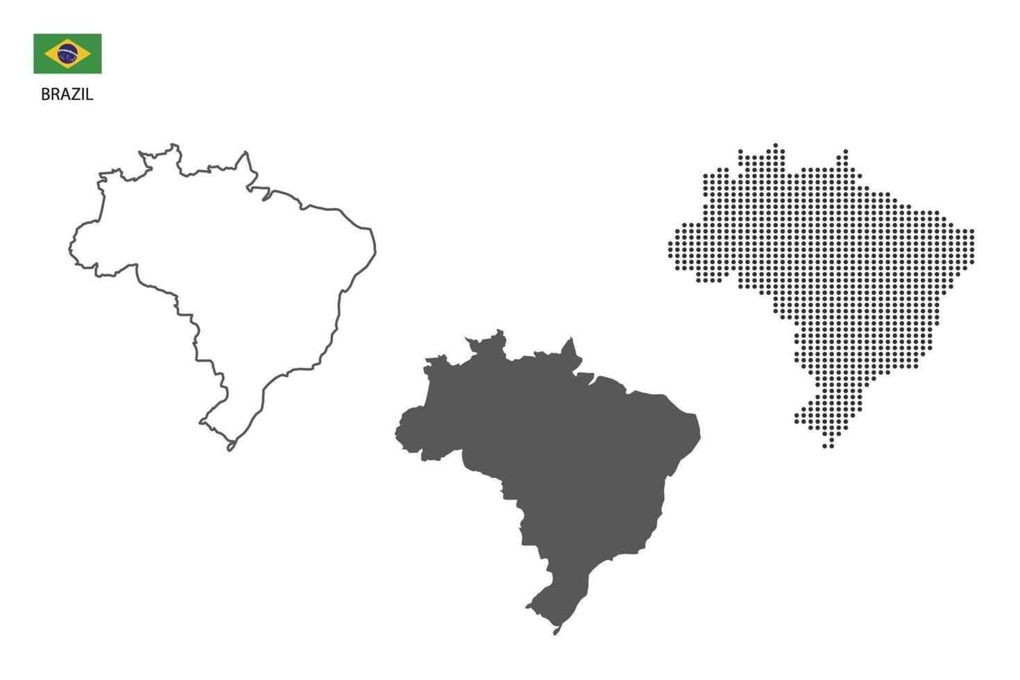 3 versions of Brazil map city vector by thin black outline simplicity style, Black dot style and Dark shadow style. All in the white background.