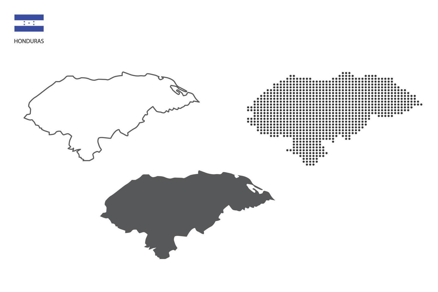 3 versiones del vector de la ciudad del mapa de honduras por estilo de simplicidad de contorno negro delgado, estilo de punto negro y estilo de sombra oscura. todo en el fondo blanco.