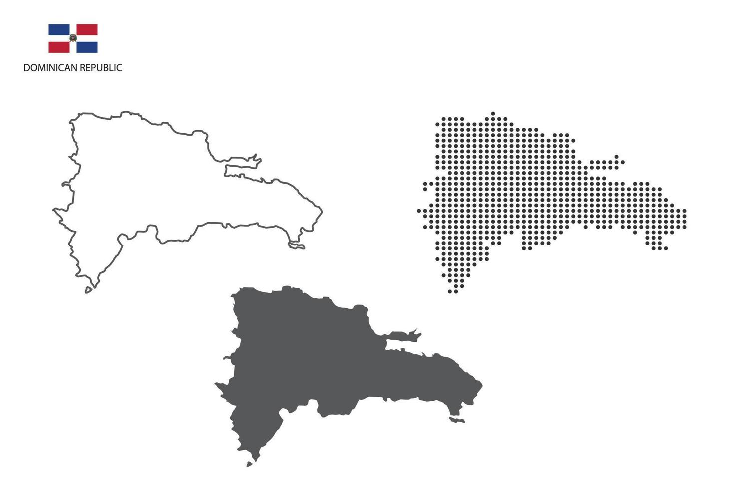 3 versiones del vector de la ciudad del mapa de la república dominicana por estilo de simplicidad de contorno negro delgado, estilo de punto negro y estilo de sombra oscura. todo en el fondo blanco.