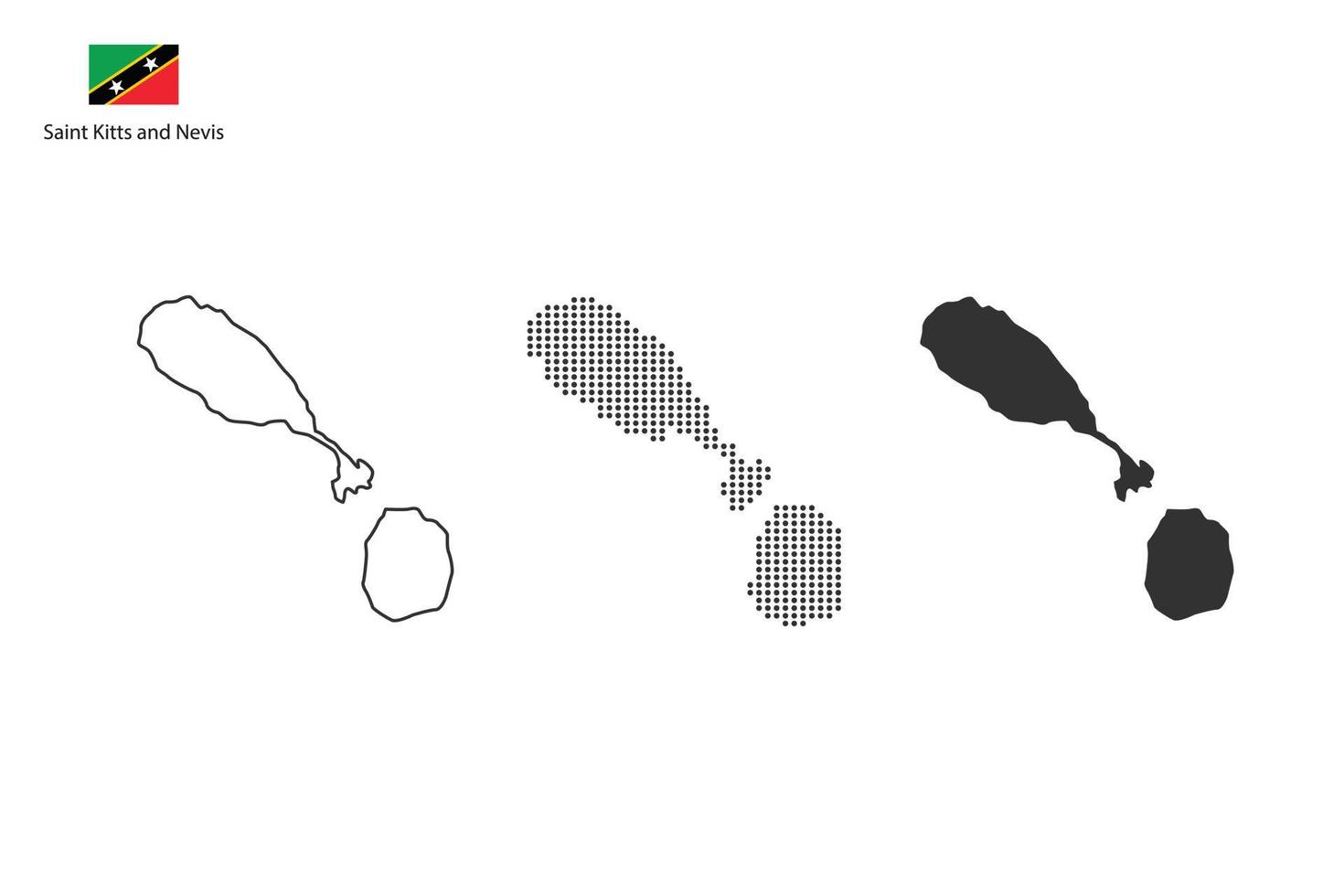 3 versiones del vector de la ciudad del mapa de Saint Kitts y Nevis por estilo de simplicidad de contorno negro delgado, estilo de punto negro y estilo de sombra oscura. todo en el fondo blanco.