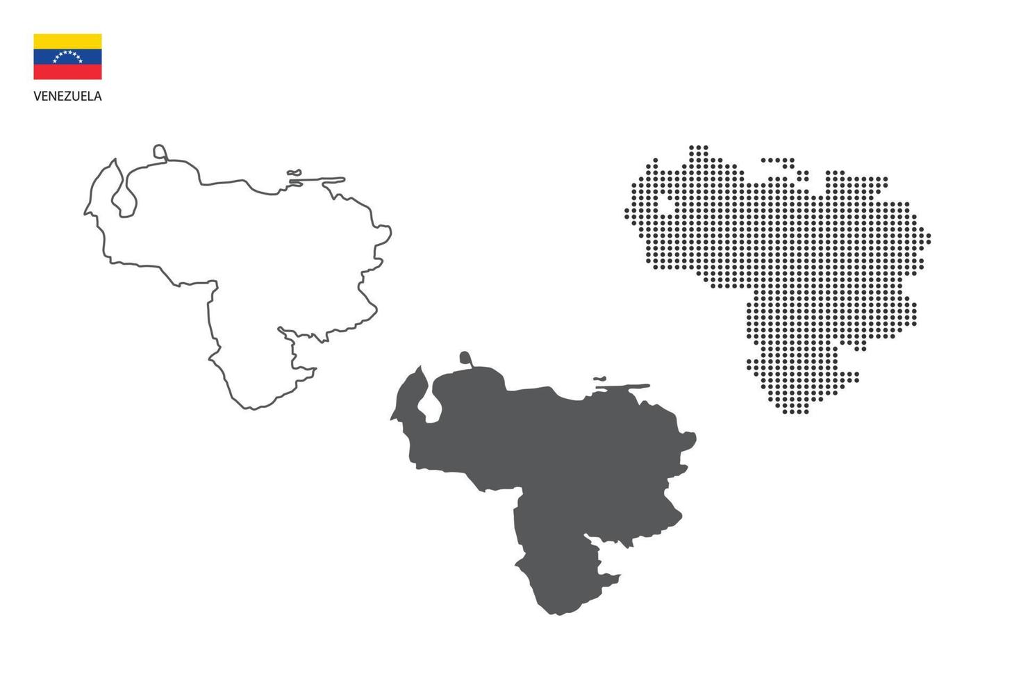 3 versiones del vector de la ciudad del mapa de venezuela por estilo de simplicidad de contorno negro delgado, estilo de punto negro y estilo de sombra oscura. todo en el fondo blanco.