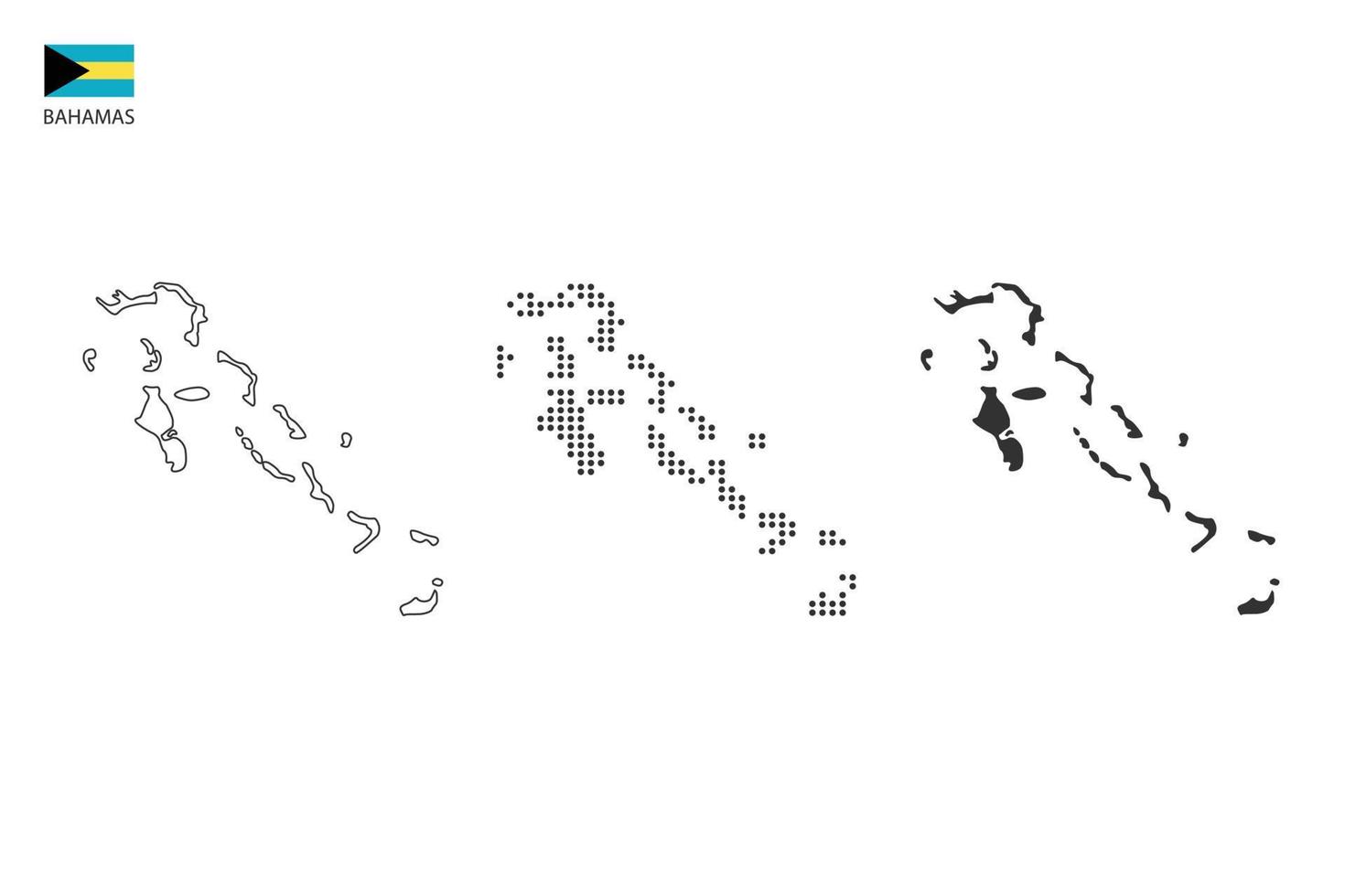 3 versiones del vector de la ciudad del mapa de bahamas por estilo de simplicidad de contorno negro delgado, estilo de punto negro y estilo de sombra oscura. todo en el fondo blanco.