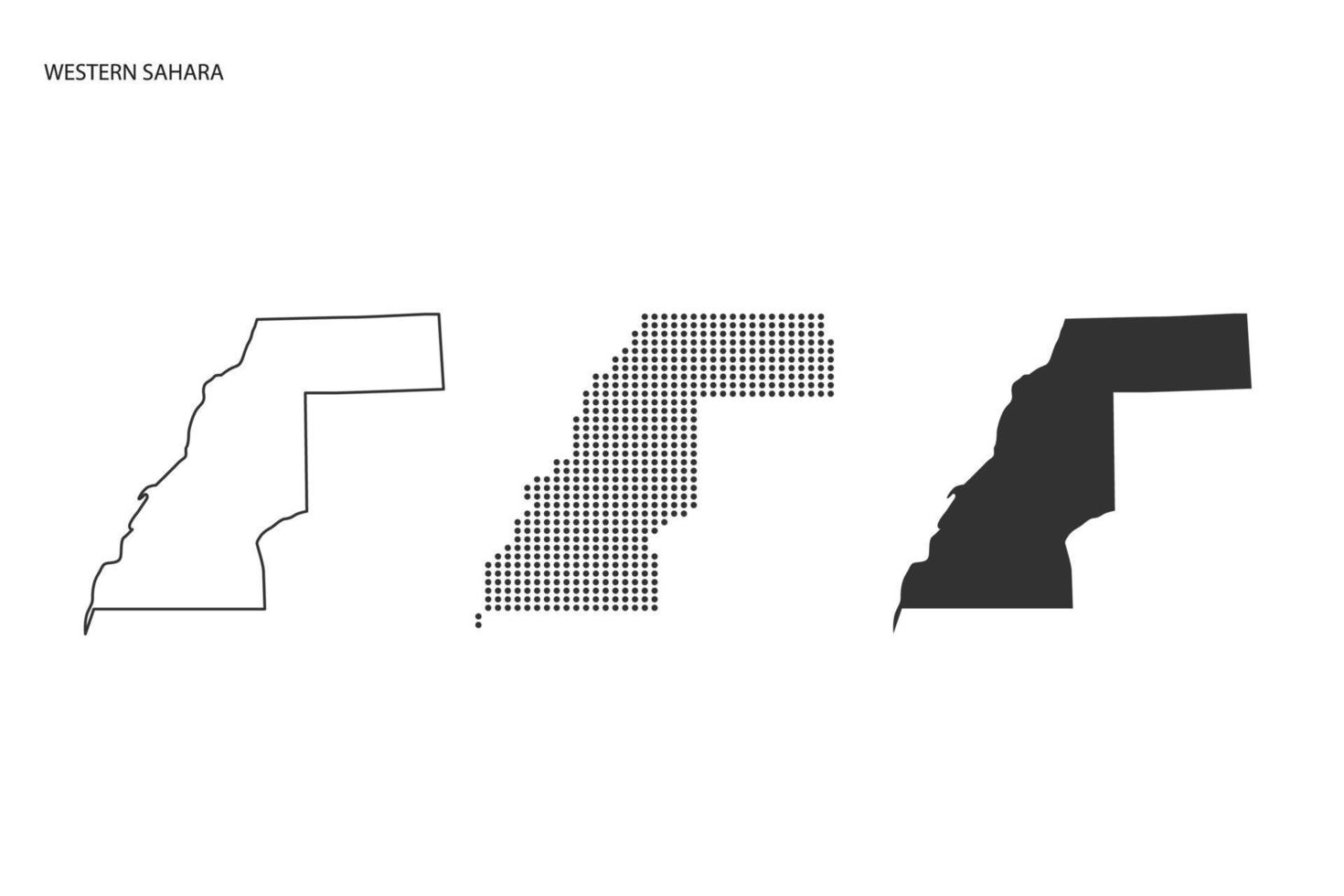 3 versiones del vector de la ciudad del mapa del sahara occidental por estilo de simplicidad de contorno negro delgado, estilo de punto negro y estilo de sombra oscura. todo en el fondo blanco.