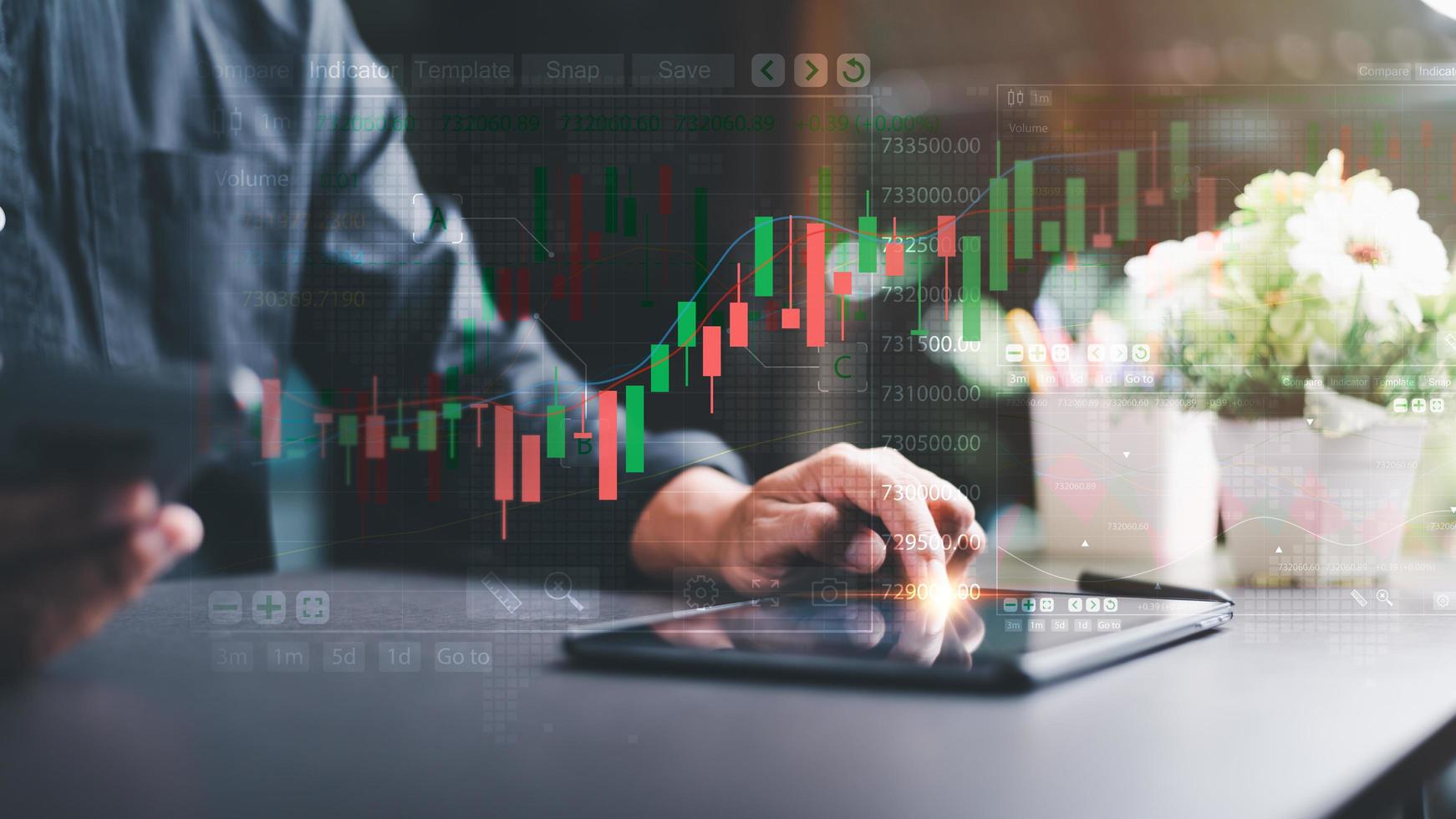 Businessmen or traders are showing off a growing stock of virtual holograms. to analyze and verify before trading stocks online concept and strategy business growth in stock market success planning photo