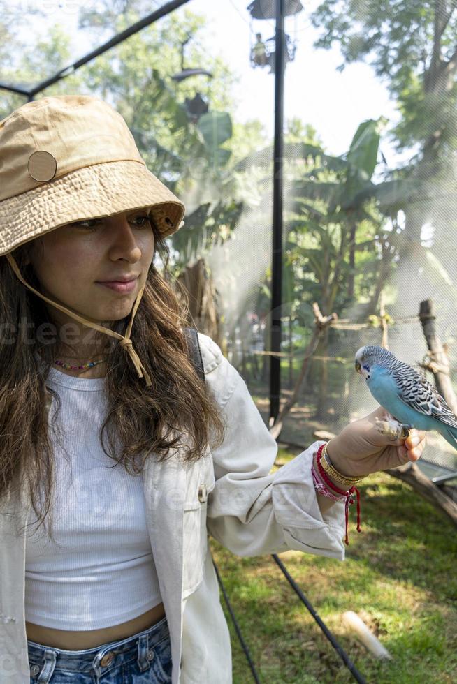 beautiful young woman feeding a bird with a wooden stick with seeds stuck to it, bird stops to eat, canary, nymph, mexico photo