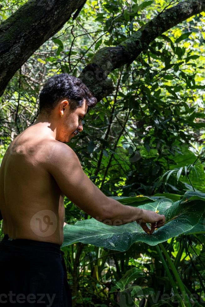 young man, doing yoga or reiki, in the forest very green vegetation, in mexico, guadalajara, bosque colomos, hispanic, photo