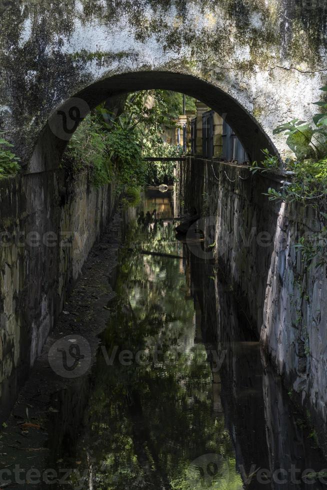 arched bridge, with vegetation around it, water at the bottom of the bridge, mexico, photo
