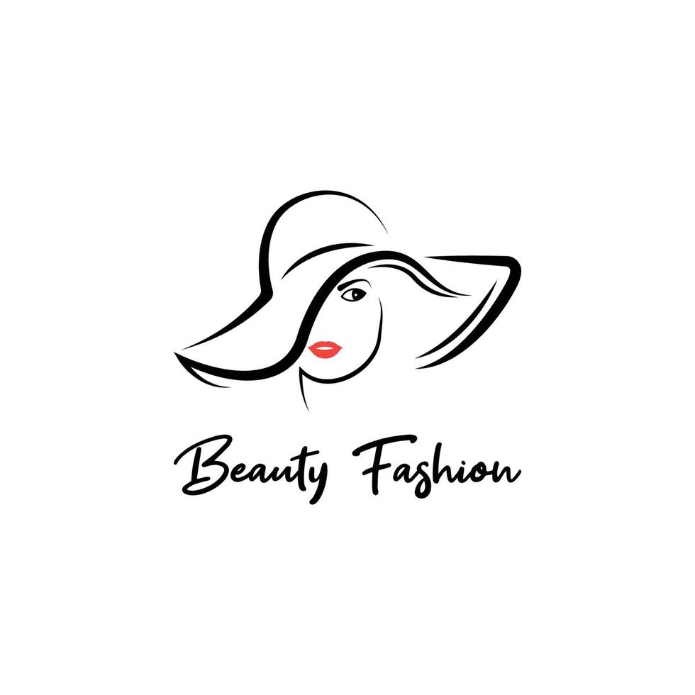 hermosa silueta esboza la cabeza femenina con sombrero. elegante logo de chica con labios rojos. icono de dama de moda vector