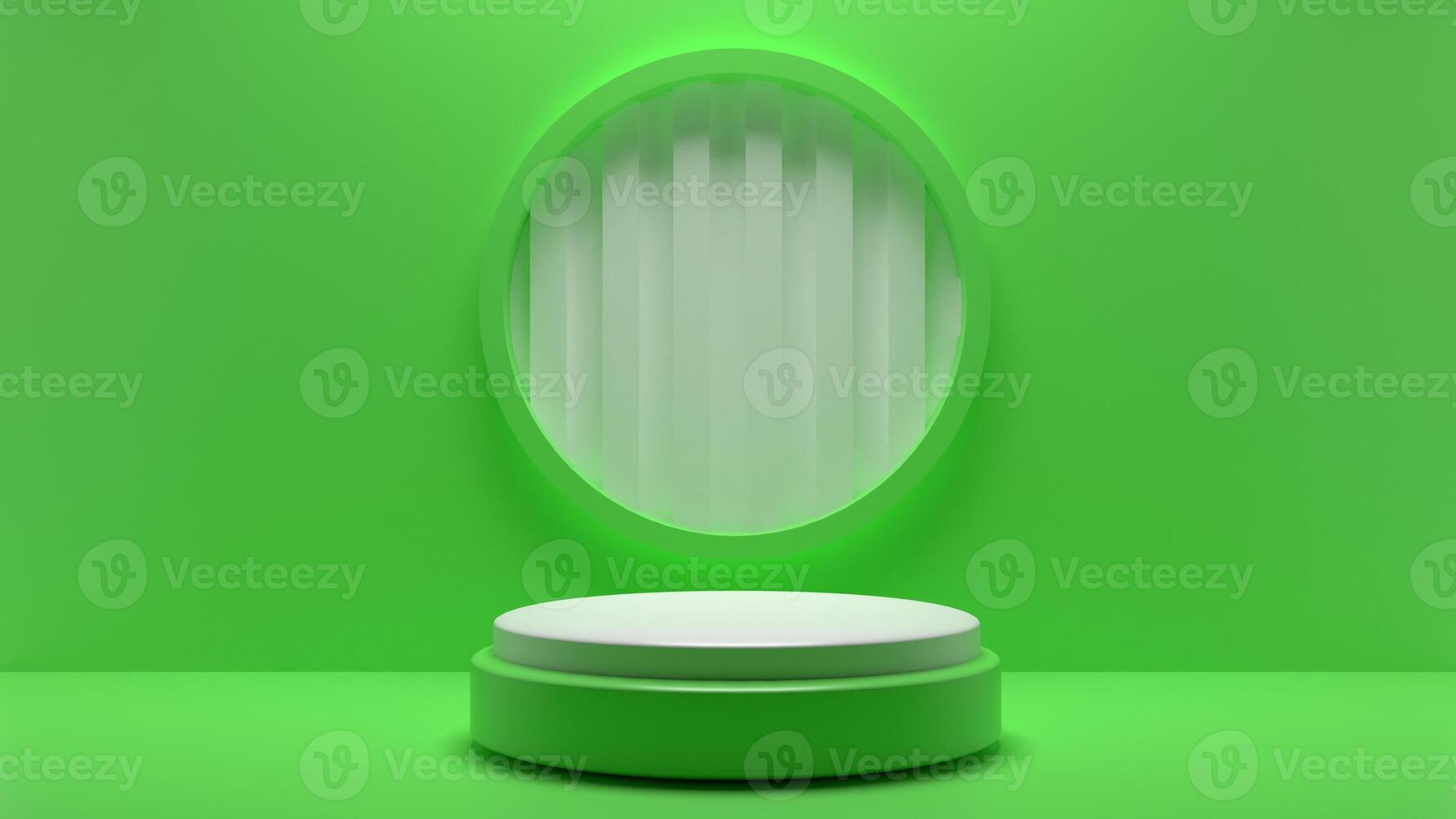 Green background with a round window and a pedestal photo