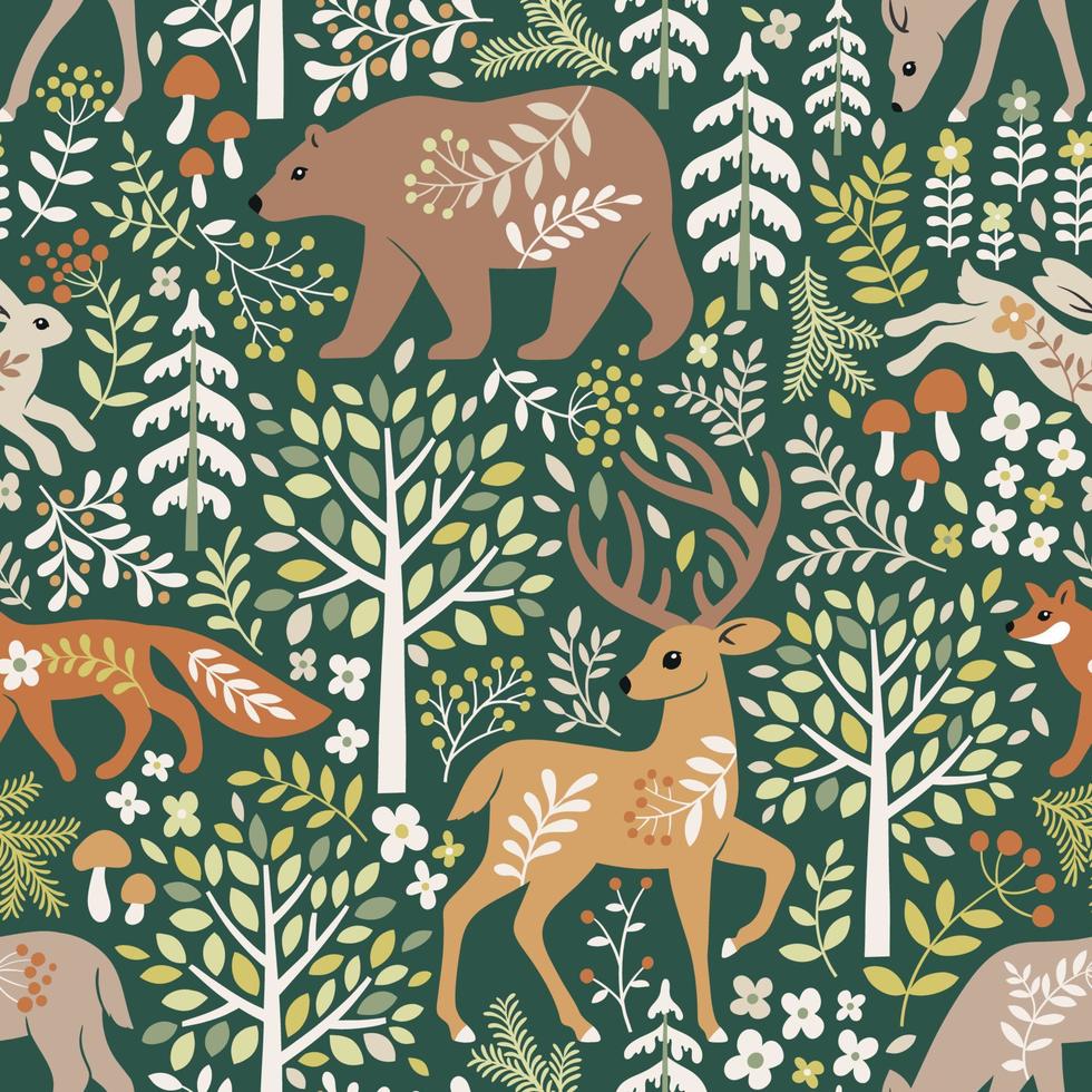 patrón vectorial sin costuras con lindos animales del bosque, árboles y hojas. ilustración de bosque escandinavo. perfecto para el diseño textil, de papel pintado o de impresión. vector