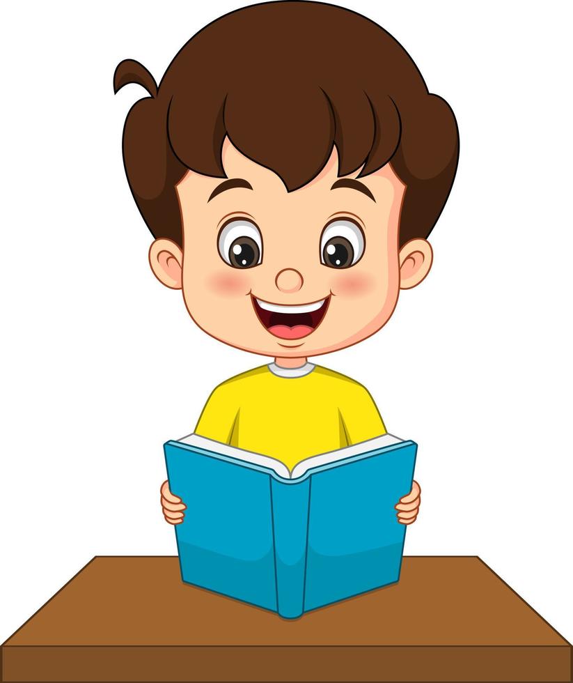niño pequeño de dibujos animados leyendo un libro en el escritorio vector