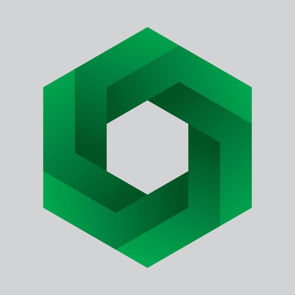 Hexagonal isometric design, the impossible shape of green color gradient. logotype design, Logo design element, isometric drawing isolated on white background, impossible figure vector illustration.