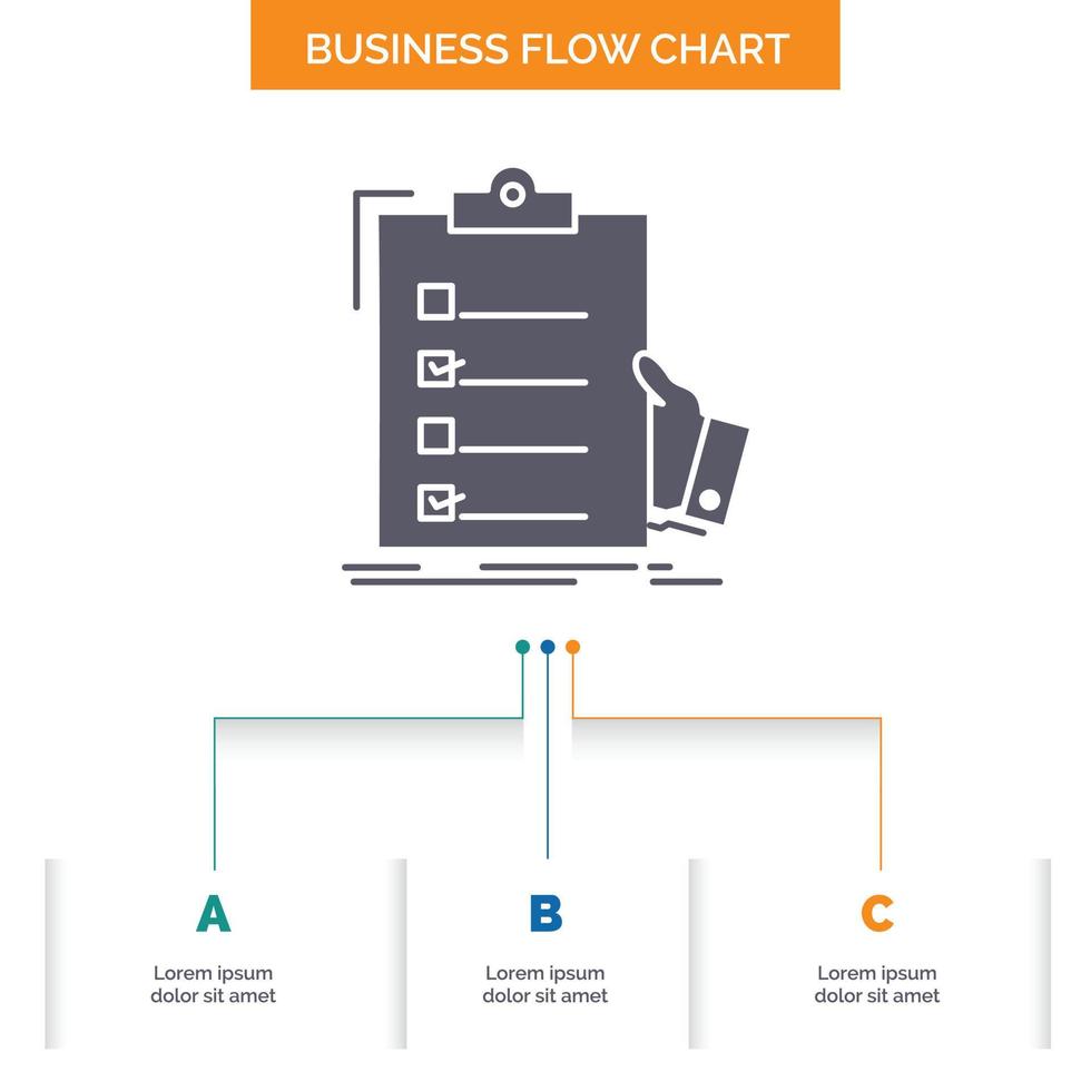 checklist. check. expertise. list. clipboard Business Flow Chart Design with 3 Steps. Glyph Icon For Presentation Background Template Place for text. vector