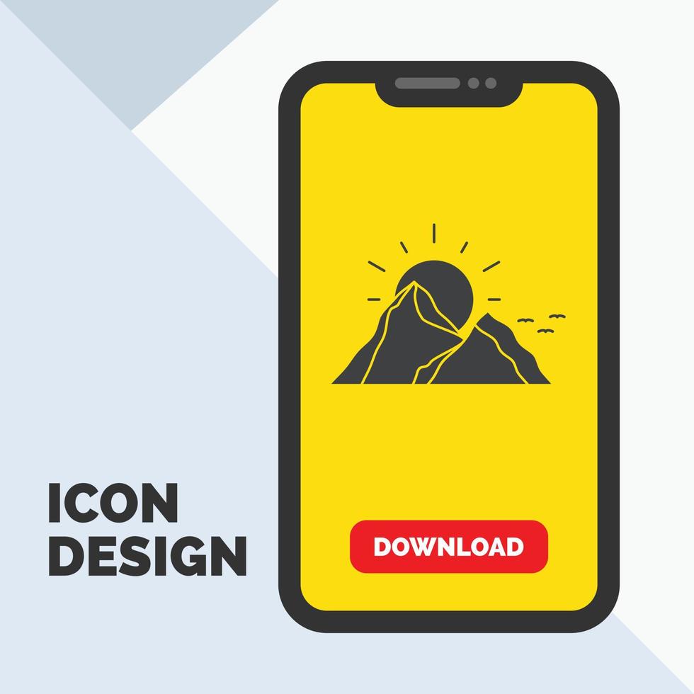 hill. landscape. nature. mountain. sun Glyph Icon in Mobile for Download Page. Yellow Background vector