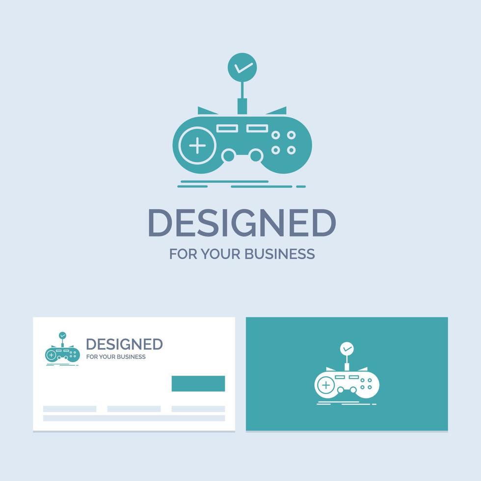 Check. controller. game. gamepad. gaming Business Logo Glyph Icon Symbol for your business. Turquoise Business Cards with Brand logo template. vector