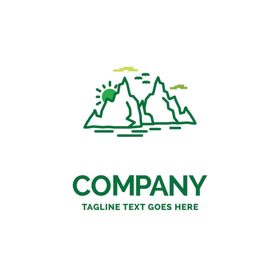 montaña. Cerro. paisaje. naturaleza. plantilla de logotipo de empresa plana de sol. diseño creativo de marca verde. vector