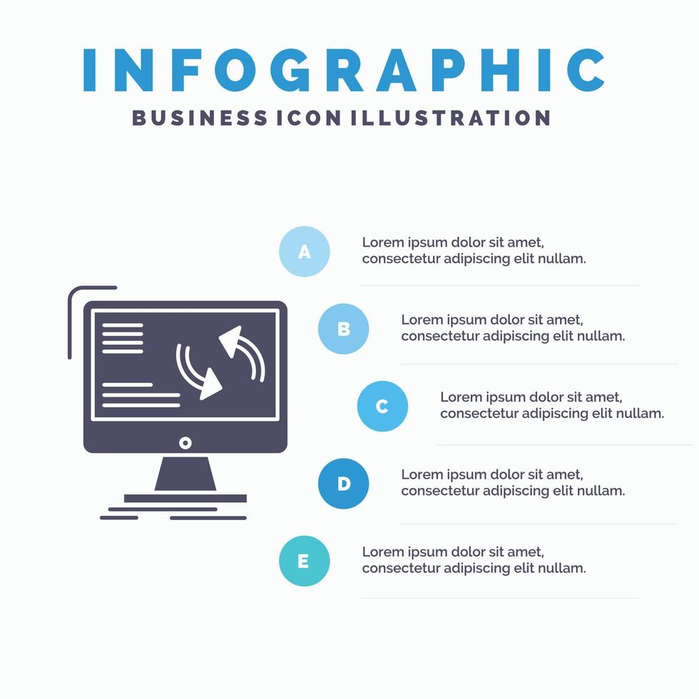 sincronización. sincronizar información. datos. plantilla de infografías de computadora para sitio web y presentación. icono de glifo gris con ilustración de vector de estilo infográfico azul.