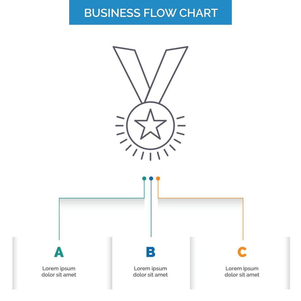 otorgar. honor. medalla. rango. reputación. diseño de diagrama de flujo empresarial de cinta con 3 pasos. icono de línea para el lugar de plantilla de fondo de presentación para texto vector