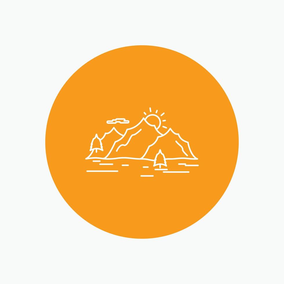 Mountain. hill. landscape. nature. tree White Line Icon in Circle background. vector icon illustration
