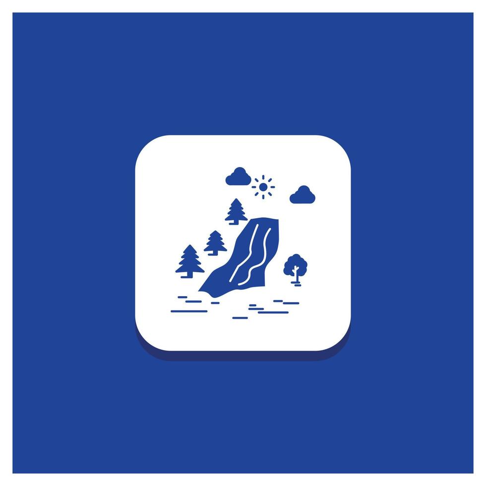 Blue Round Button for waterfall. tree. pain. clouds. nature Glyph icon vector