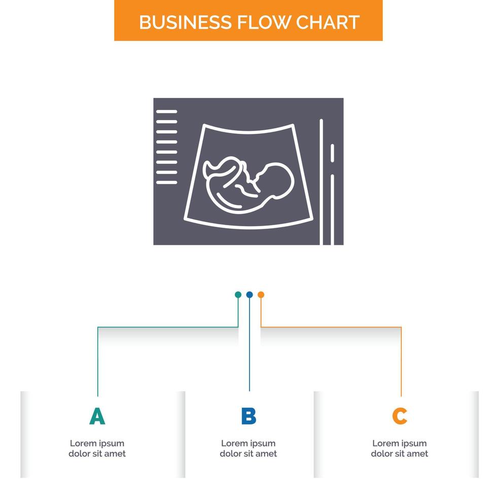 maternidad. el embarazo. sonograma bebé. diseño de diagrama de flujo de negocios de ultrasonido con 3 pasos. icono de glifo para el lugar de plantilla de fondo de presentación para texto. vector