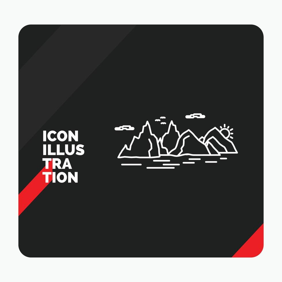 fondo de presentación creativa rojo y negro para la montaña. Cerro. paisaje. naturaleza. icono de línea de acantilado vector