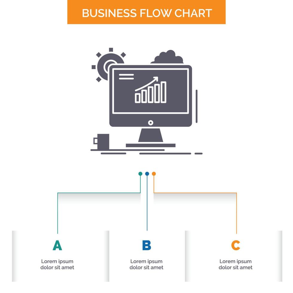 Analytics. chart. seo. web. Setting Business Flow Chart Design with 3 Steps. Glyph Icon For Presentation Background Template Place for text. vector