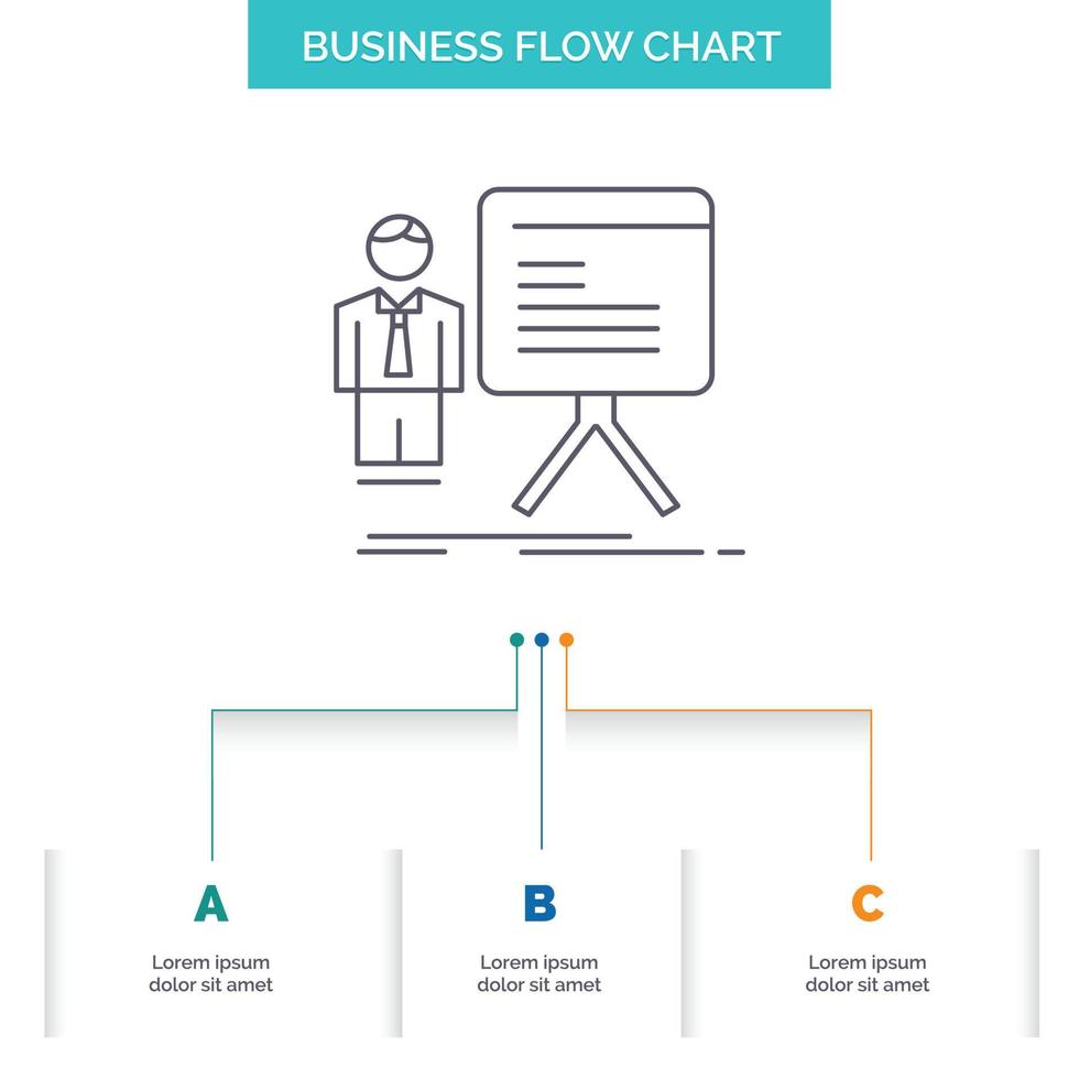 presentation. businessman. chart. graph. progress Business Flow Chart Design with 3 Steps. Line Icon For Presentation Background Template Place for text vector