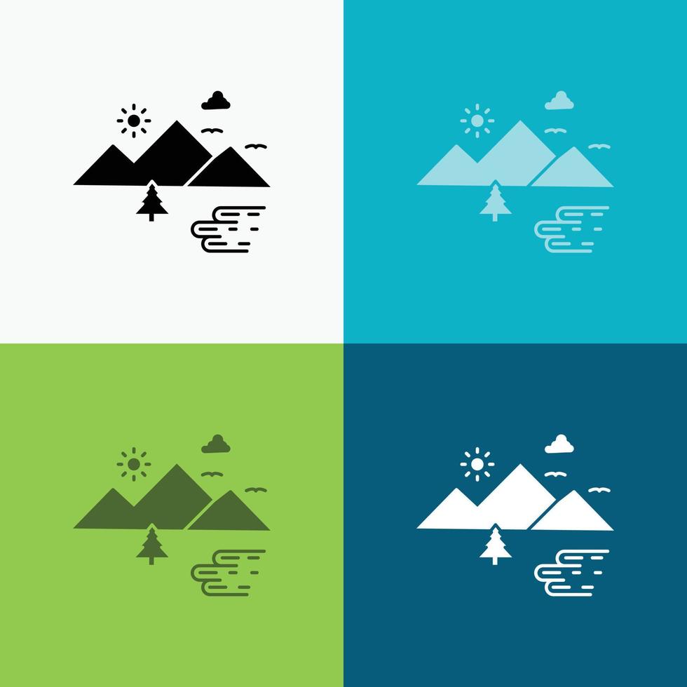 Mountains. Nature. Outdoor. Clouds. Sun Icon Over Various Background. glyph style design. designed for web and app. Eps 10 vector illustration