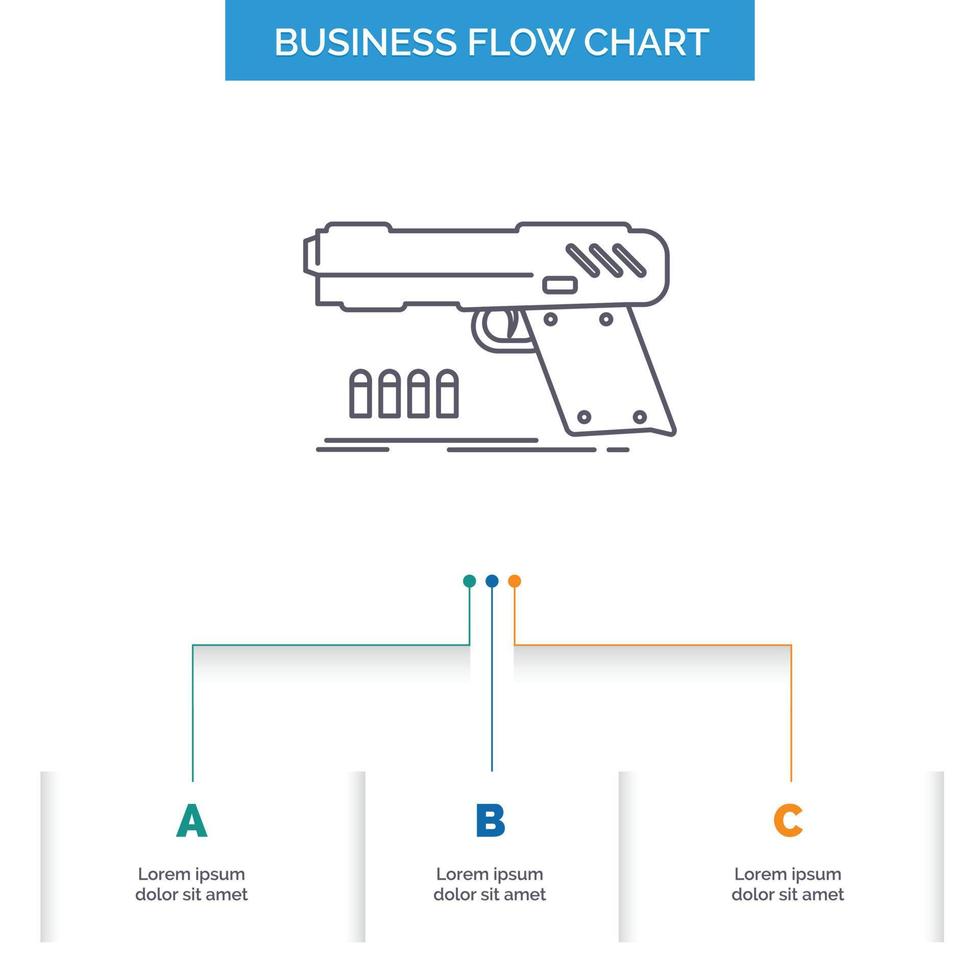 gun. handgun. pistol. shooter. weapon Business Flow Chart Design with 3 Steps. Line Icon For Presentation Background Template Place for text vector