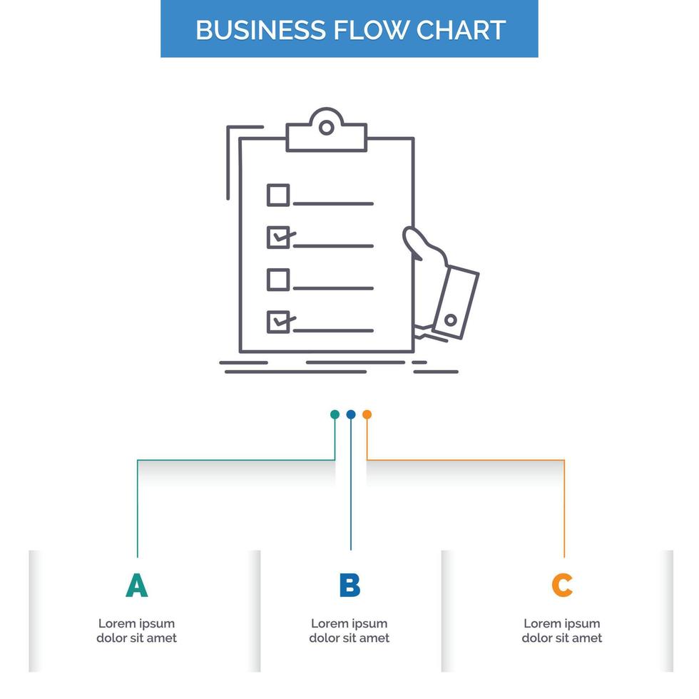 checklist. check. expertise. list. clipboard Business Flow Chart Design with 3 Steps. Line Icon For Presentation Background Template Place for text vector