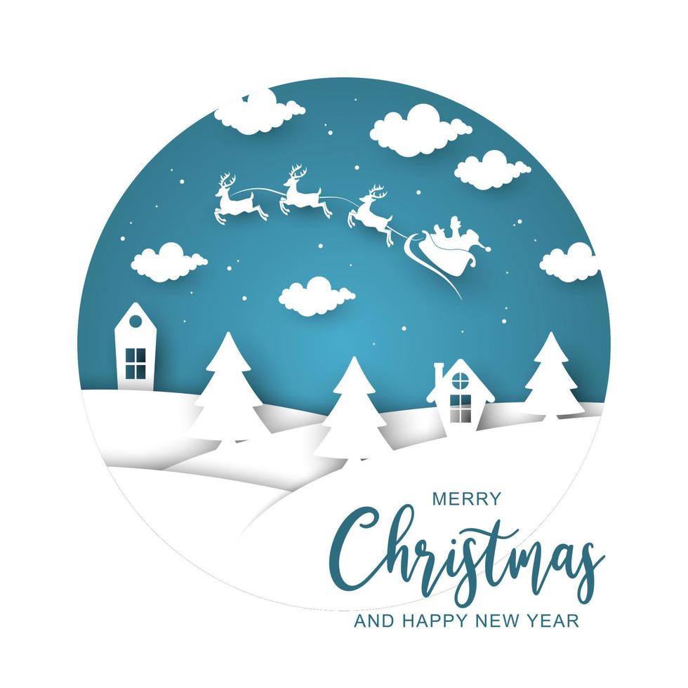 Christmas greeting and Santa Claus sleigh silhouette with paper style design vector