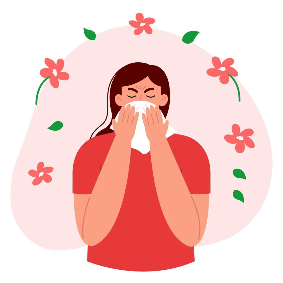 Young woman sneezes from spring allergy. Allergy to flowering or grass pollens. Flat vector illustration isolated on white background.
