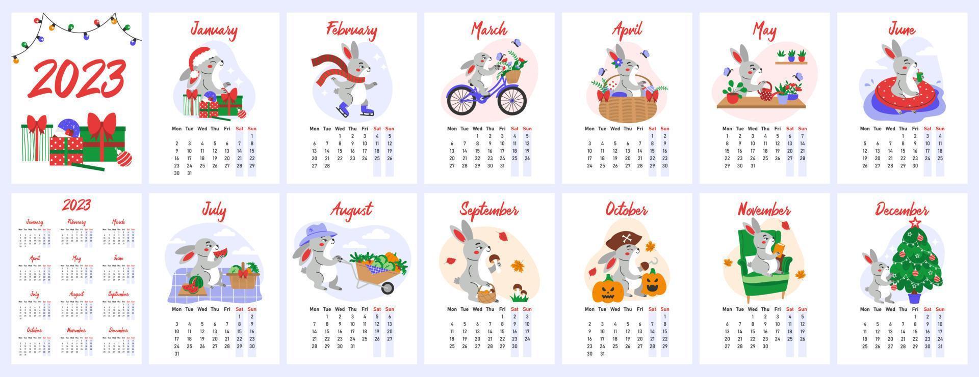 Vertical wall calendar for 2023 with symbol of the year - Rabbit in various scenes from life. Flat vector illustration.