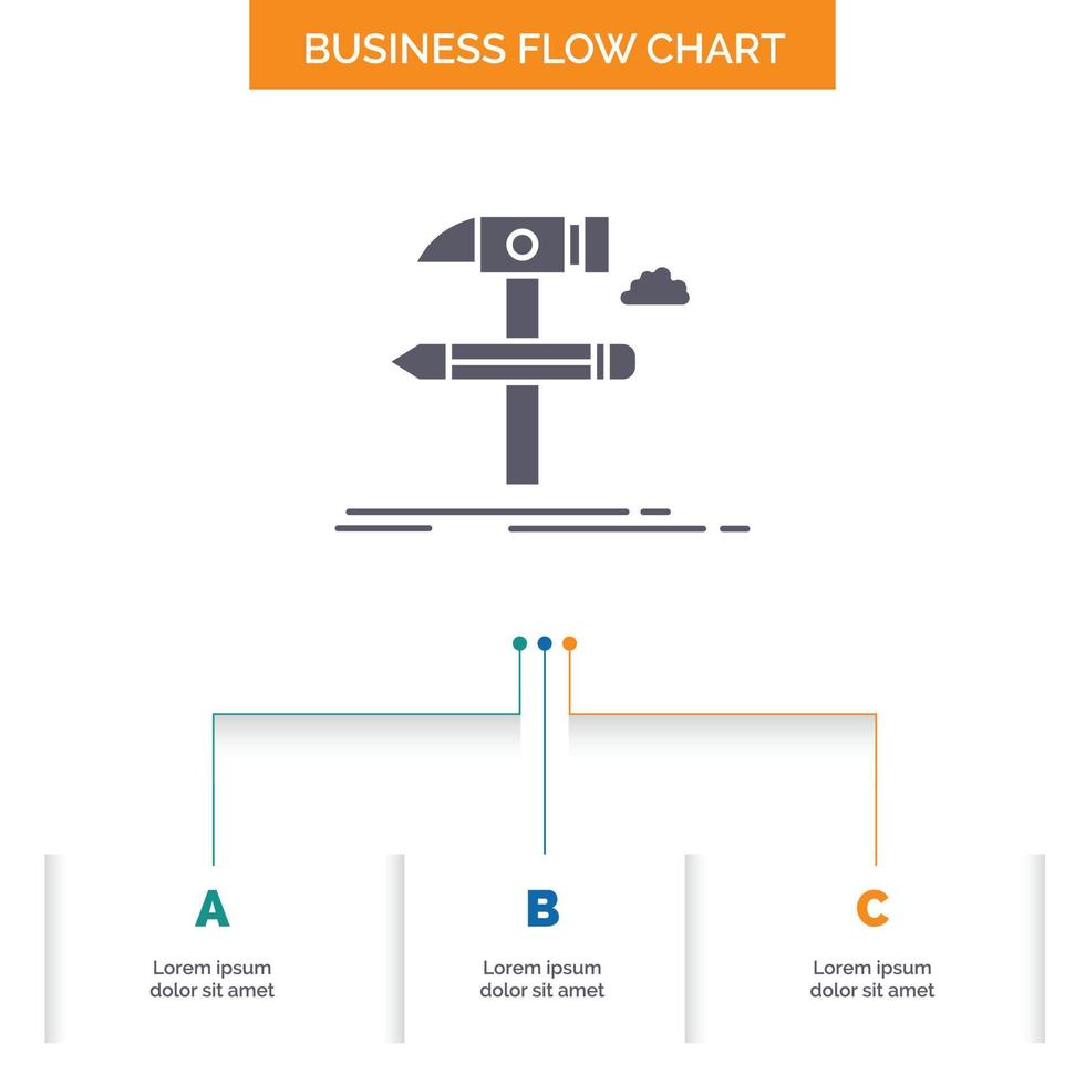 construir. diseño. desarrollar. herramienta. herramientas de diseño de diagramas de flujo de negocios con 3 pasos. icono de glifo para el lugar de plantilla de fondo de presentación para texto. vector