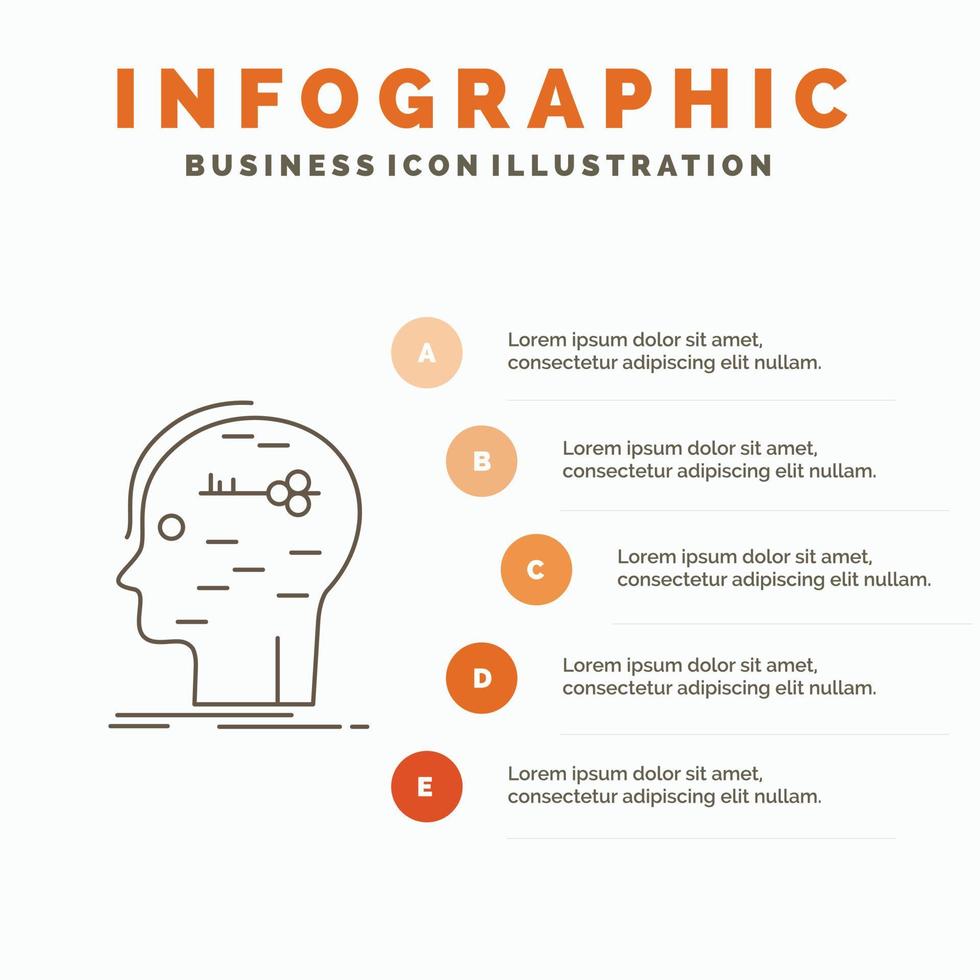 brain. hack. hacking. key. mind Infographics Template for Website and Presentation. Line Gray icon with Orange infographic style vector illustration