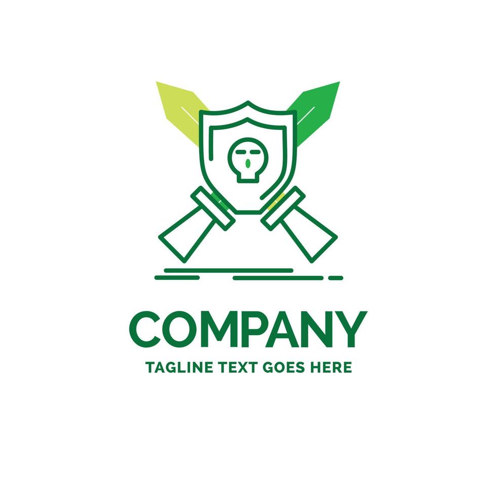 Badge. emblem. game. shield. swords Flat Business Logo template. Creative Green Brand Name Design. vector