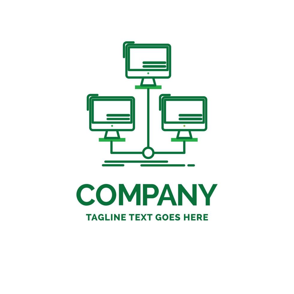 base de datos. repartido. conexión. la red. plantilla de logotipo de empresa plana de computadora. diseño creativo de marca verde. vector