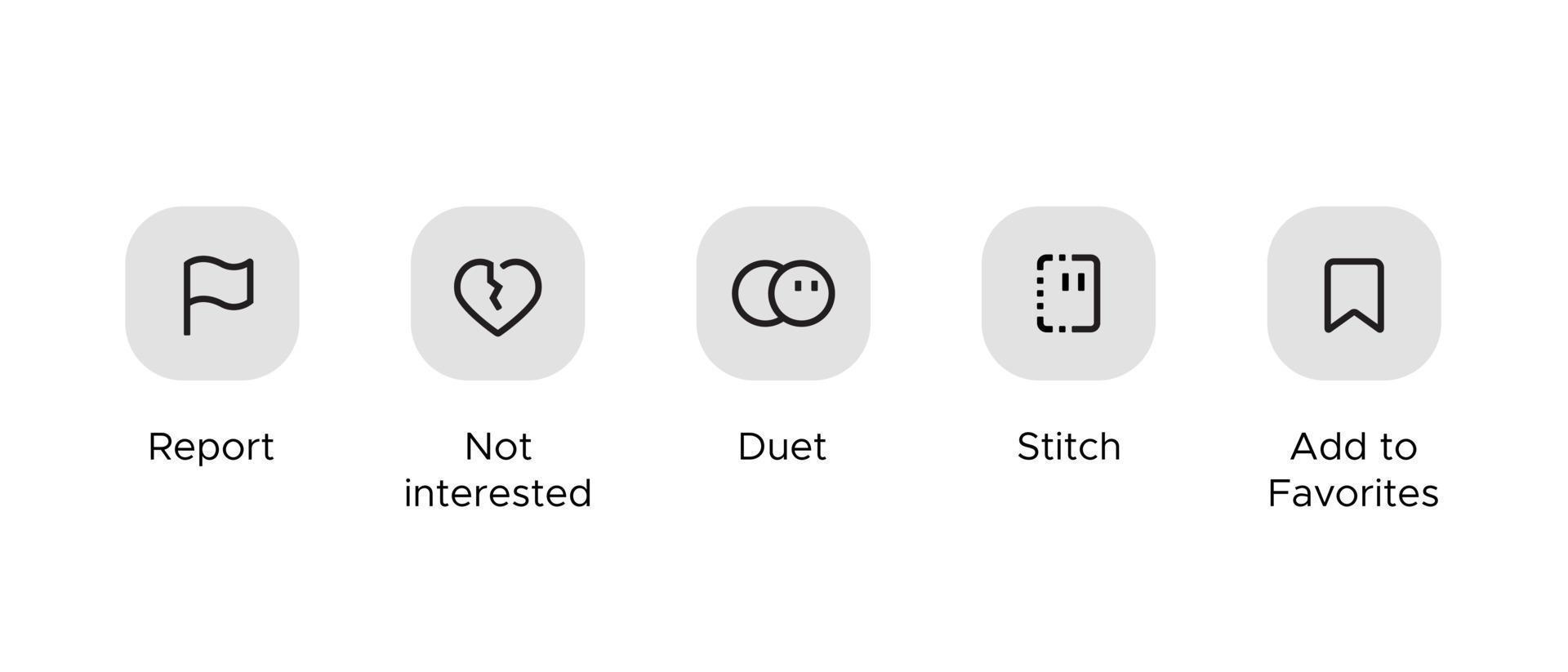 Report, not interested, duet, stitch, and add to favorites. Icon set of social media interface vector