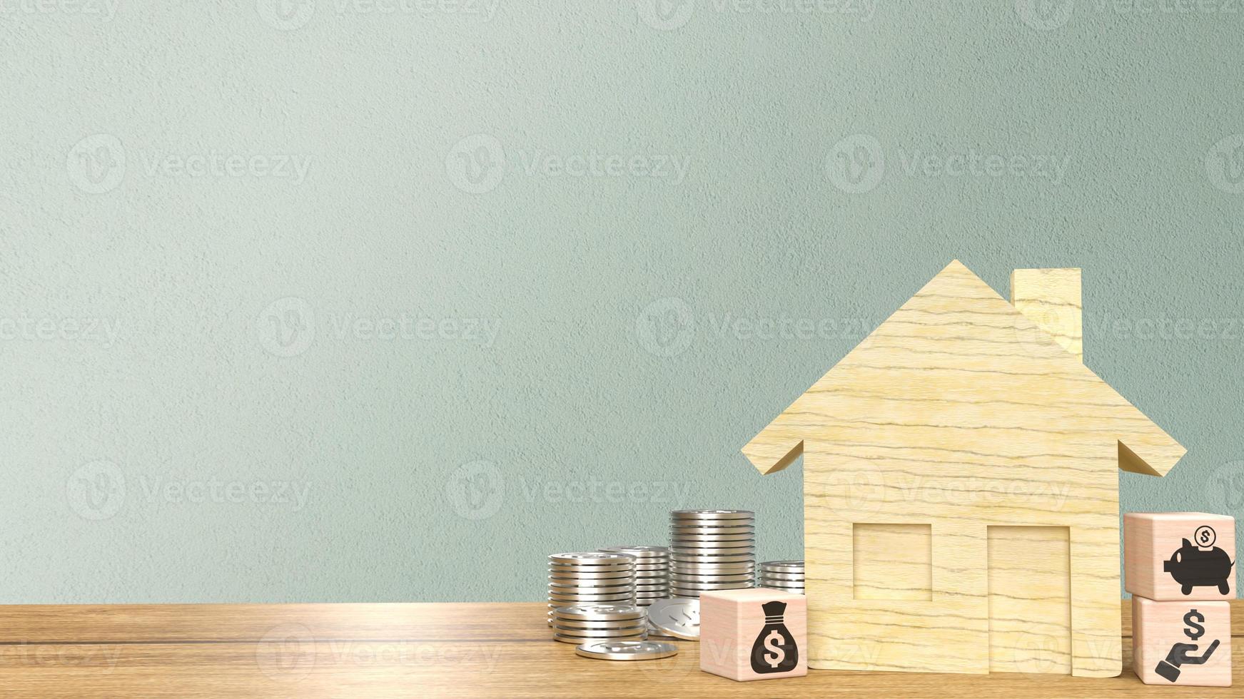 The wood home and business symbol on cube for property or estate concept 3d rendering photo