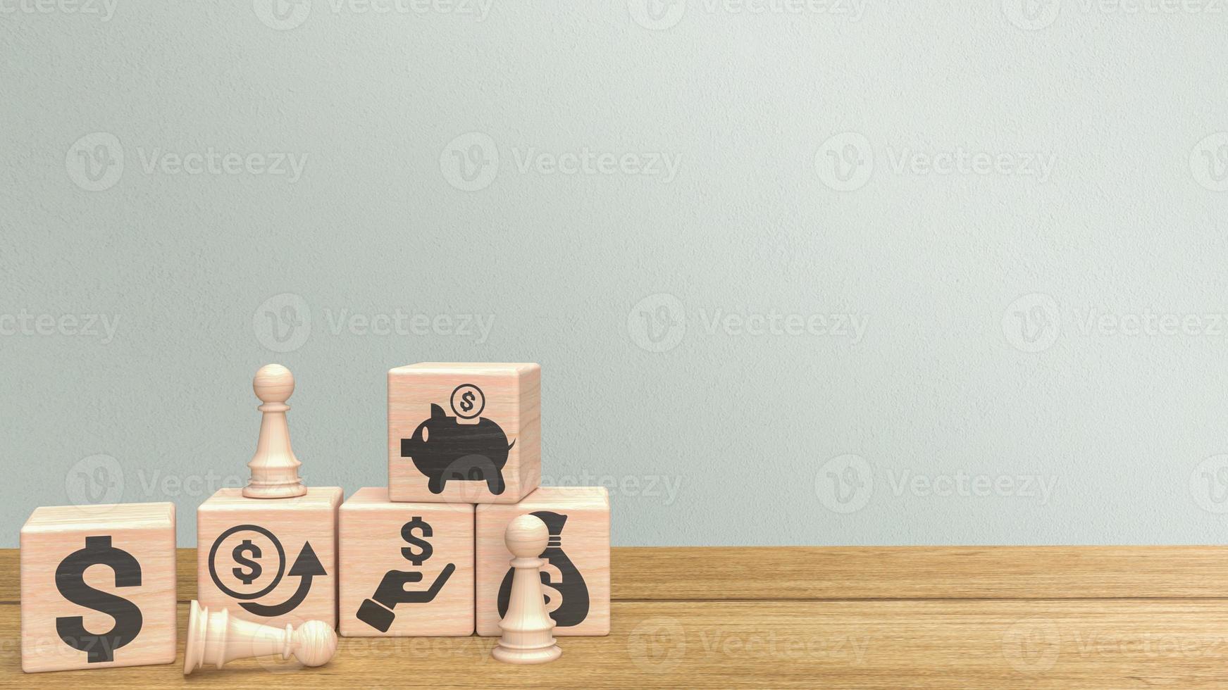 The chess and business icon on wood cube  3d rendering photo