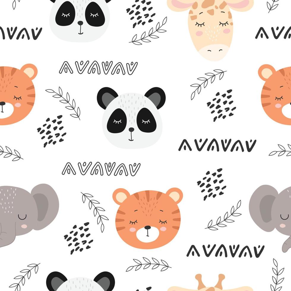 Set in seamless pattern of cute jungle animals, tiger, giraffe, elephant, panda. Baby flat vector illustration on white background
