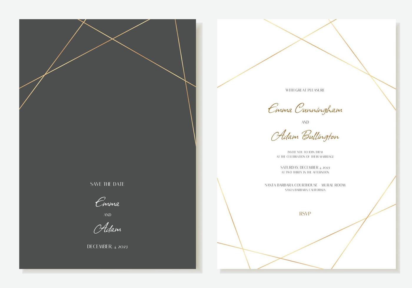 Vector illustration design template for a wedding invitation in a strict, classic style with gold lines in black and white.