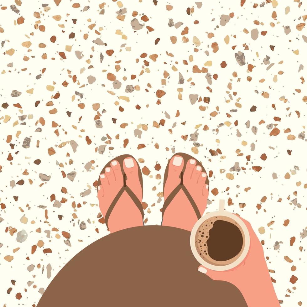 Pregnant girl holding a cup of decaffeinated coffee, top view of her tummy. Vector